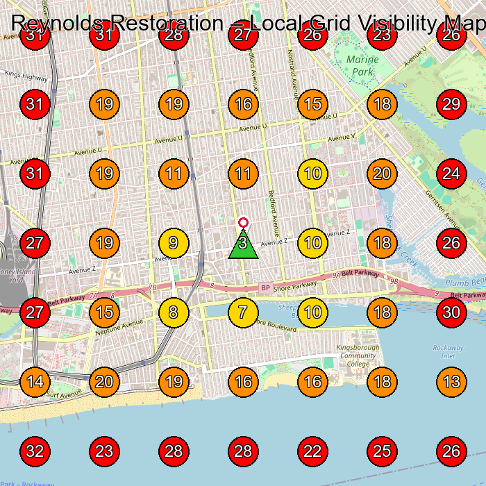 Reynolds Restoration GeoGrid visibility map for Roofing Contractor in Brooklyn